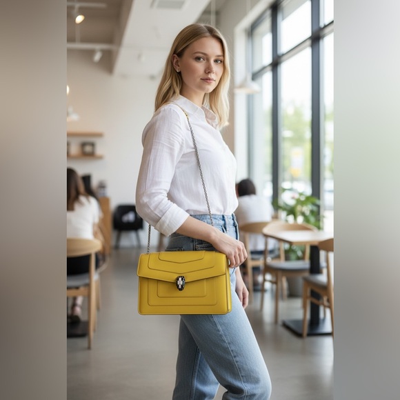 Bulgari Yellow Leather Shoulder Bag with Serpent Head Clasp - Picture 16 of 16